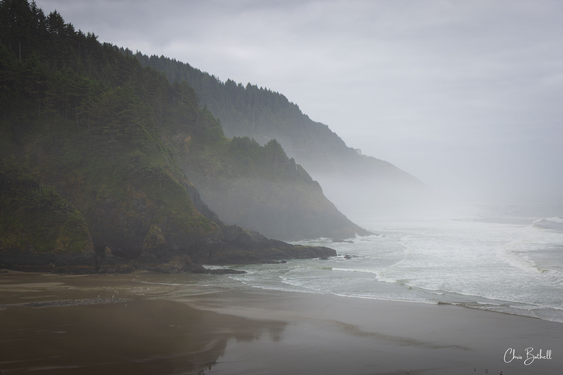 Shades of Oregon An intense fog settle into the bay at Haceta Head creating increasingly obscured layers of the coastal scene.